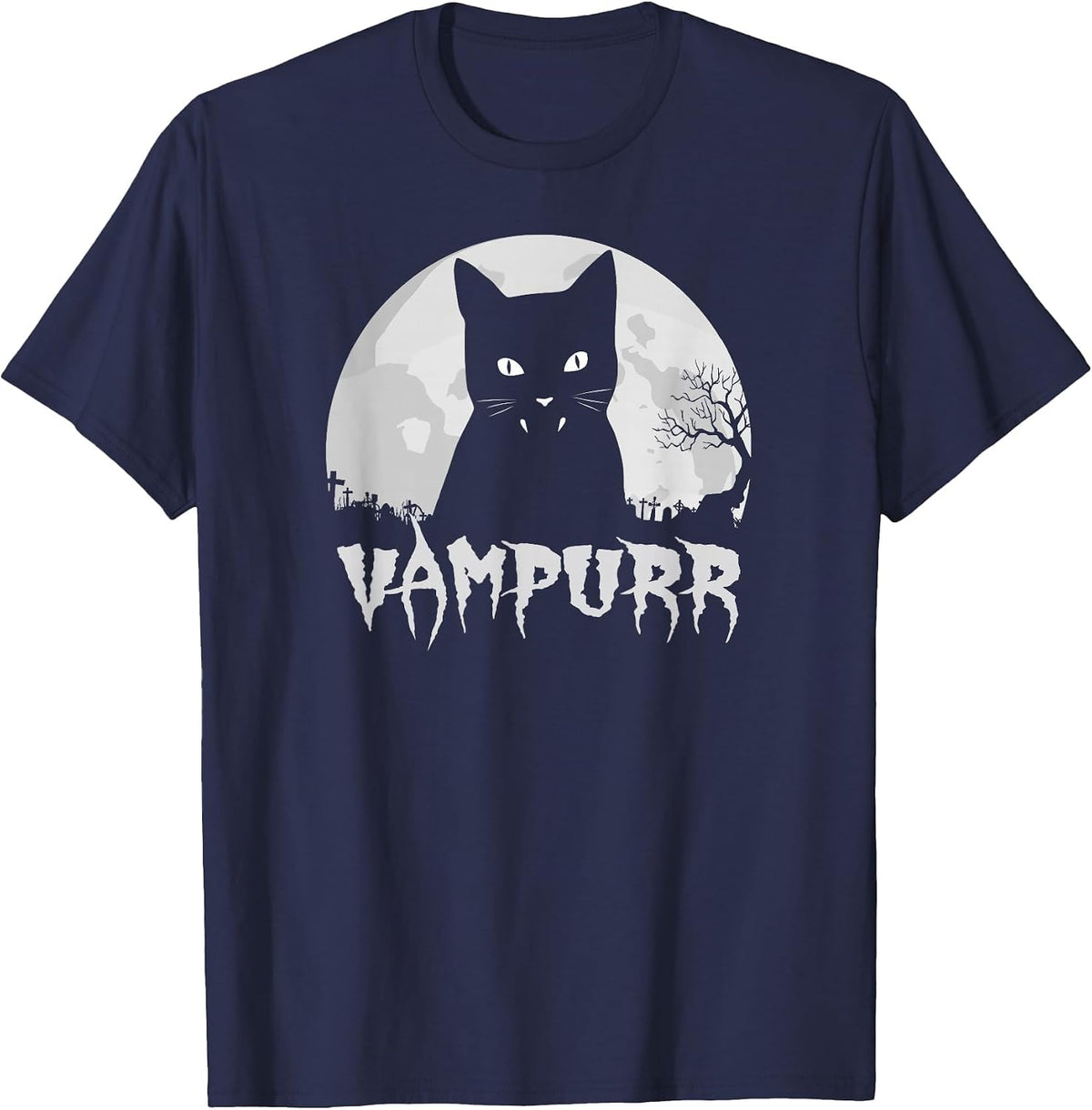Halloween Black Cat Vampire with Full Moon - Vampurr Pun T-Shirt - Navy Blue