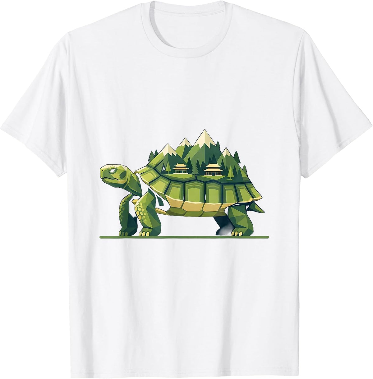Tortoise Carrying a Miniature Village on Its Shell T-Shirt - White