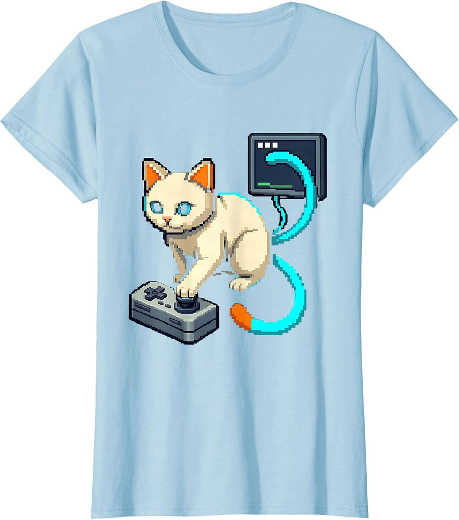 Women's Cat Gamer Pixel Art Funny Gaming Cat Lover T-Shirt - Baby Blue