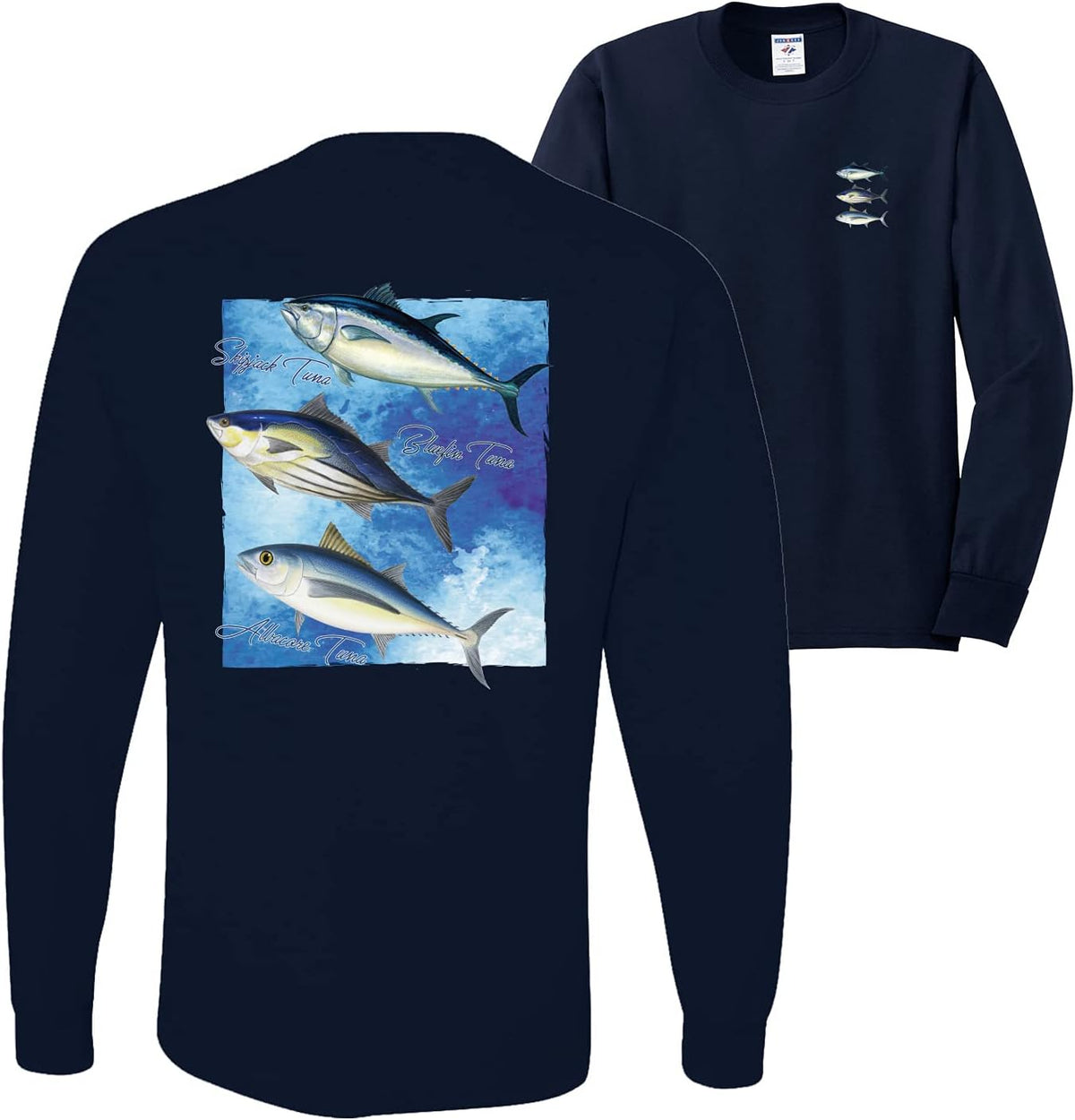 Cool Skipjack Bluefin Albacore Tuna Fish Trio Fishing Front and Back Mens Long Sleeve Shirt - Navy