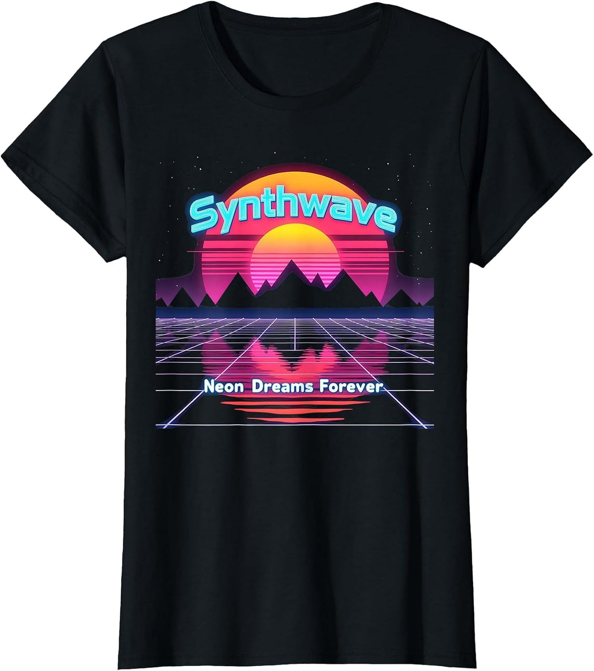 80s Synthwave Sunset Neon Dreams Forever Retro T-Shirt - Black