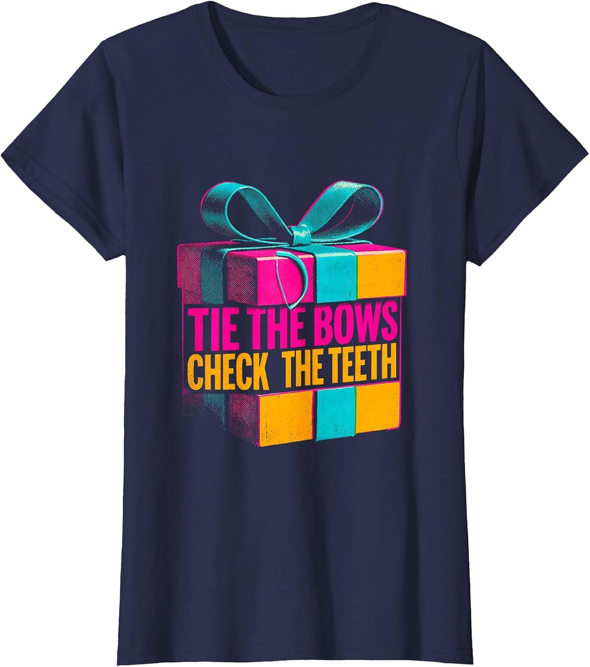 Women's Tie The Bows Check The Teeth Risograph Funny Dentist T-Shirt - Navy Blue