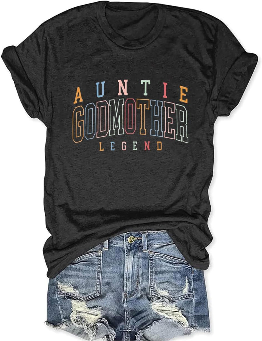 Auntie Shirts Women Godmother Legend Aunt Tshirt Funny Letter Print Short Sleeve Graphic Tees Tops - Dark Gray