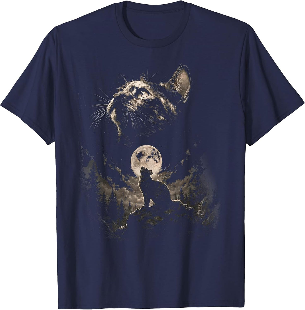 Tortoiseshell Cat Howling at Moon Vintage Cat Halloween T-Shirt - Navy Blue