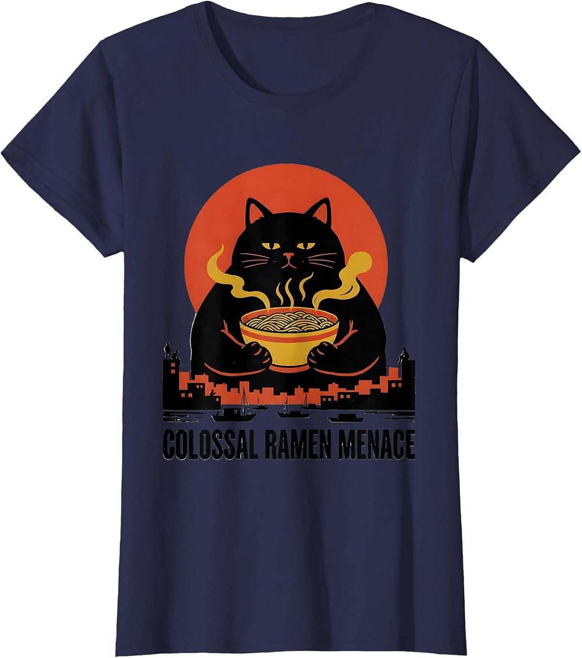 Women's Colossal Ramen Menace Funny Cat Ramen Japanese Anime Gift T-Shirt - Navy Blue