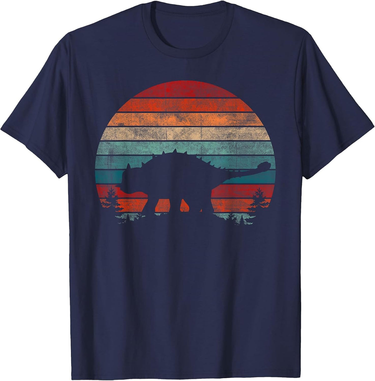 Retro Sunset Jurassic Ankylosaurus Dinosaur T-Shirt - Navy Blue