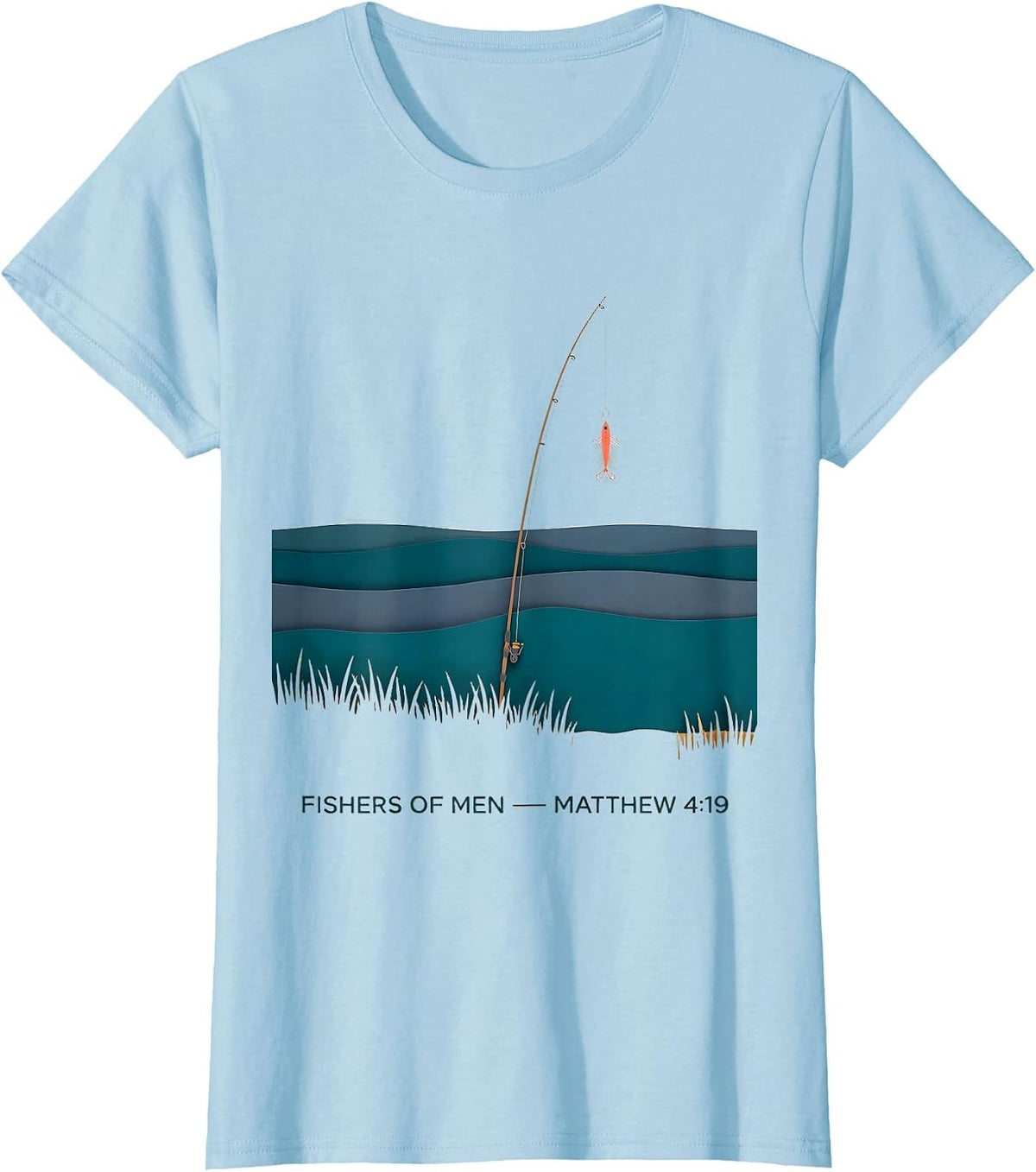 Women's Fishers Of Men Matthew 4:19 Paper Cutout Christian Fishing T-Shirt - Baby Blue