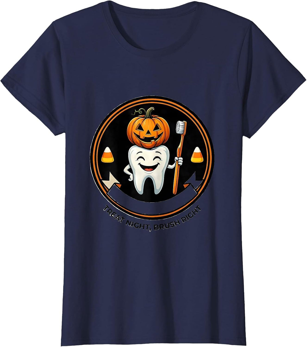 Women's Treat Night Brush Right Playful Dental Humor Halloween T-Shirt - Navy Blue
