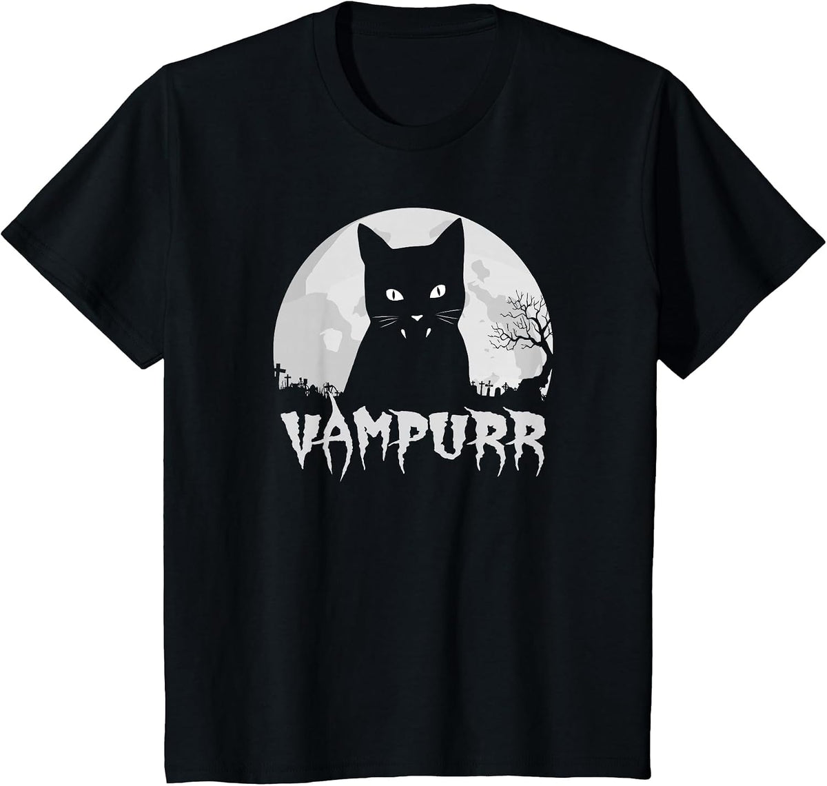 Halloween Black Cat Vampire with Full Moon - Vampurr Pun T-Shirt - Black