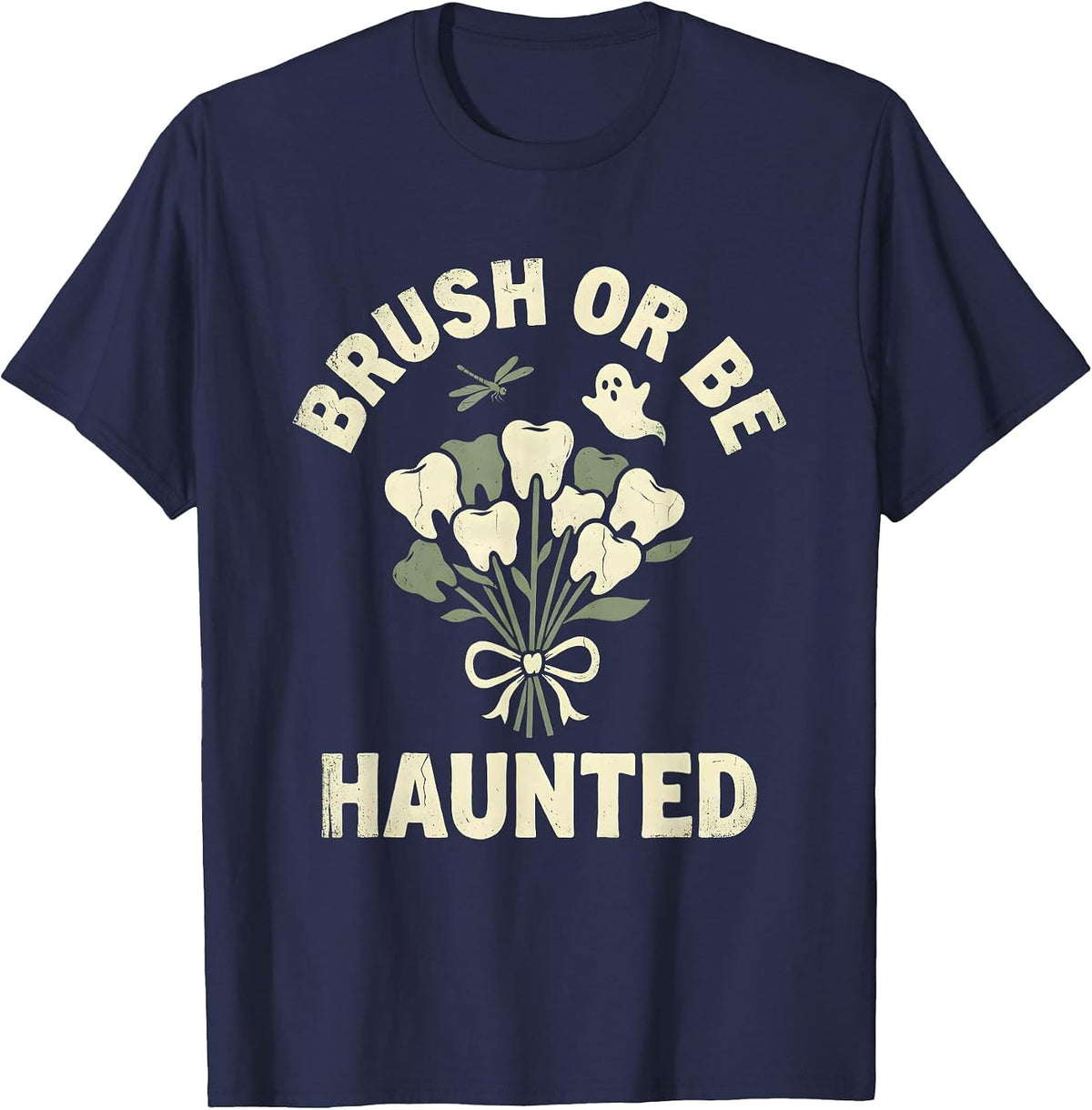 Men's Brush or Be Haunted Dental Halloween Design T-Shirt - Navy Blue