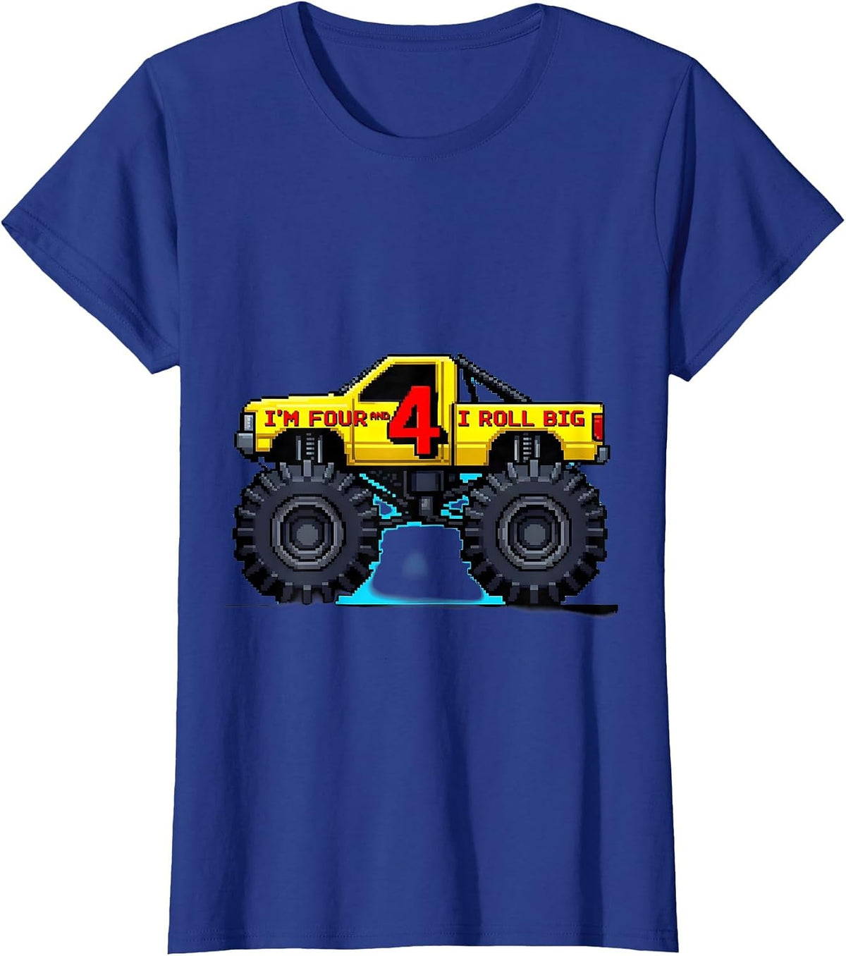 Women's I'm Four and I Roll Big Pixel Art Monster Truck Birthday Boy T-Shirt - Royal Blue