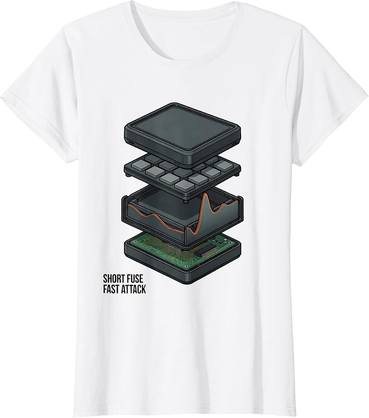 Women's Short Fuse, Fast Attack Exploded View Technical DJ Gift T-Shirt - White