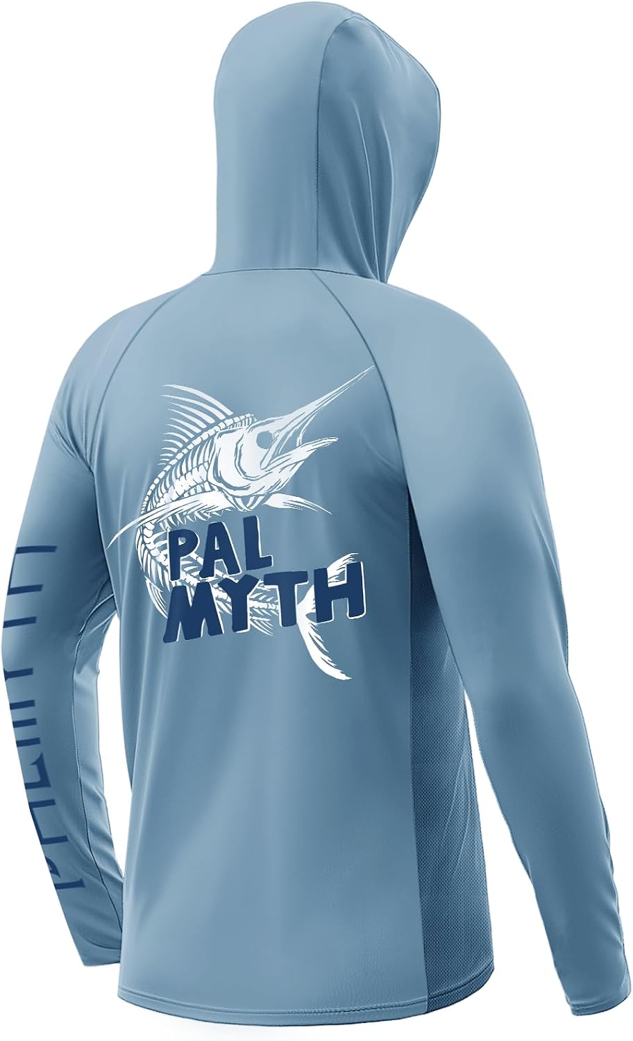 Palmyth Men's UPF 50+ Long Sleeve Fishing Hoodie Shirt with Neck Gaiter - Airy Blue \/ Marlin Bone