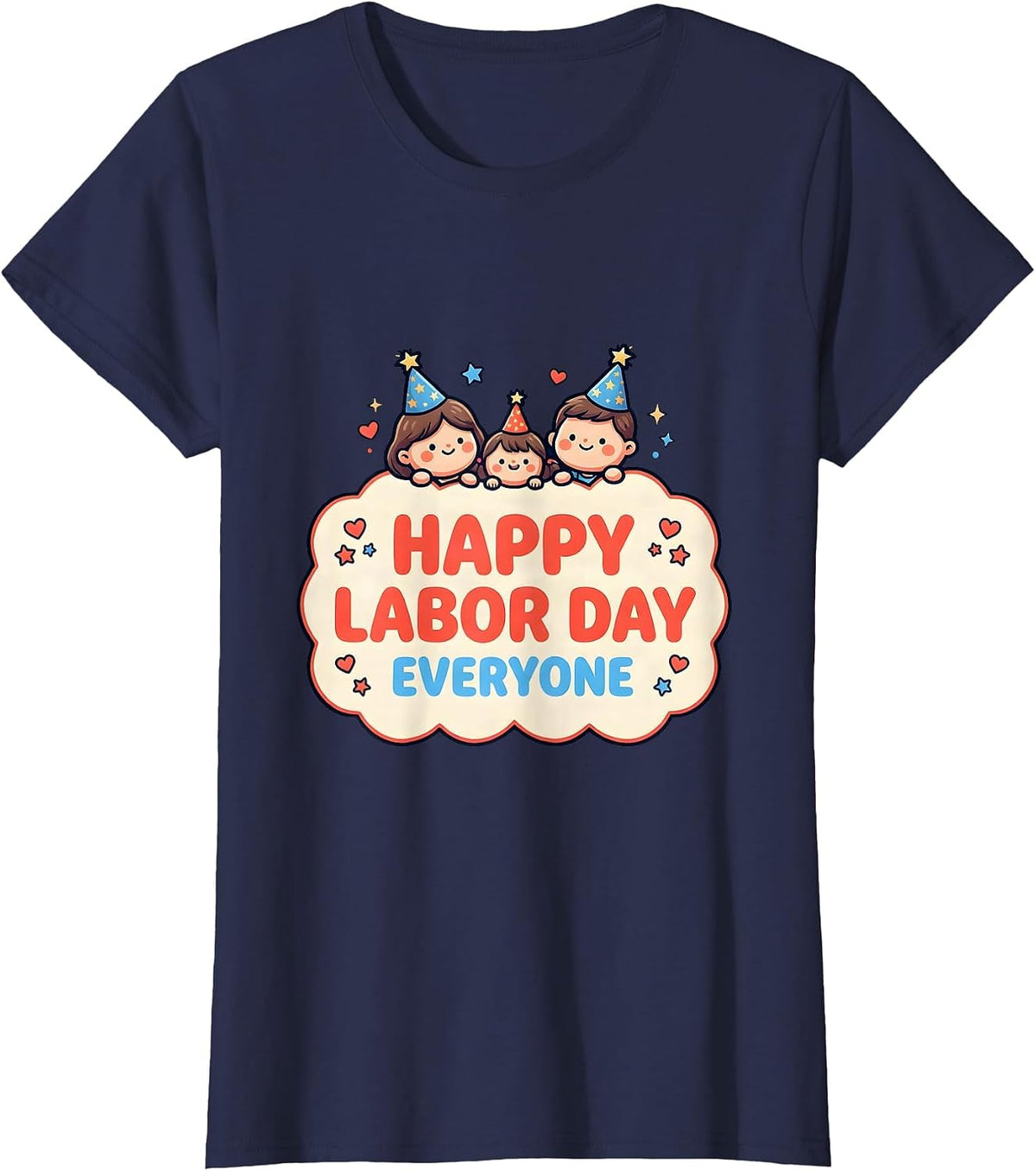 Women's Happy Labor Day Everyone Cute Kawaii Family Holiday T-Shirt - Navy Blue
