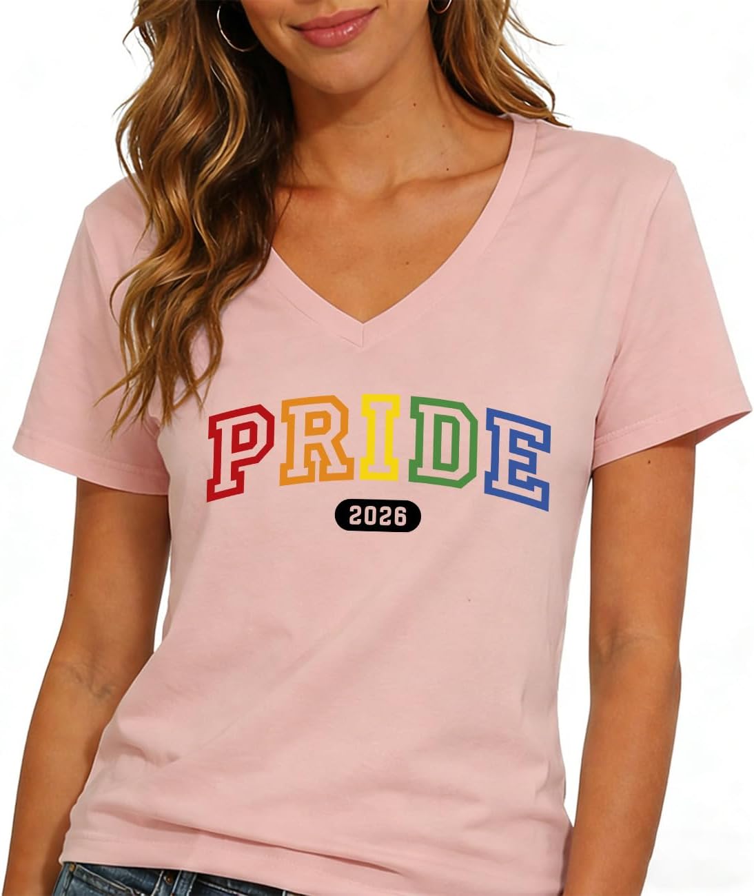 Pride 2026 Rainbow Letterman Varsity Style T-Shirt LGBTQ Pride Month Short Sleeve Tee - V-Neck Pink-vneck