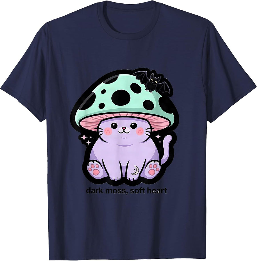 dark moss, soft heart Pastel Goth Kawaii Cottagecore Cat T-Shirt - Navy Blue