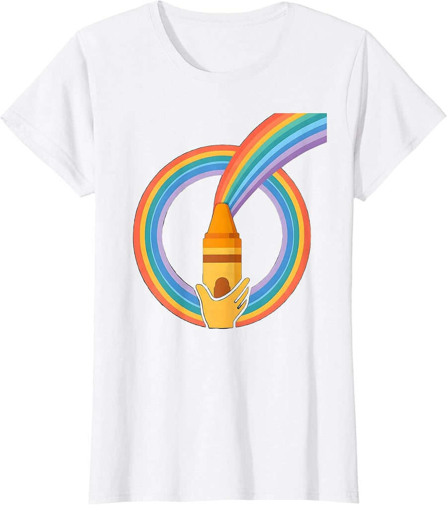 Women's Special Education Teacher Crayon Rainbow Art T-Shirt - White