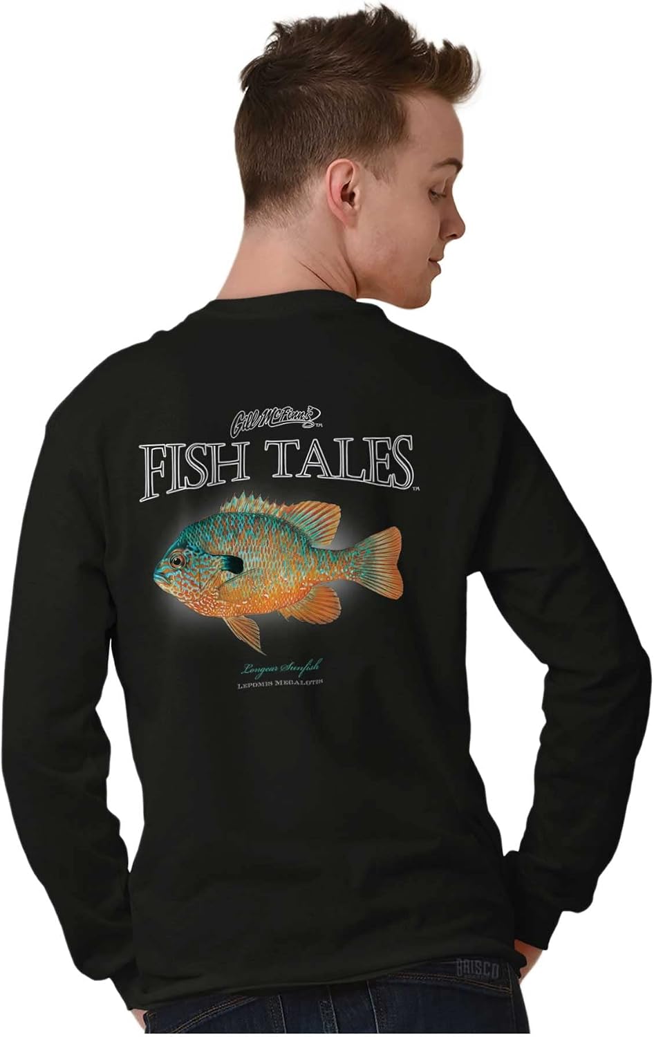 Brisco Brands Gill McFinn Fisherman Sunfish Fishing Long Sleeve Tshirt Men Women - size chart
