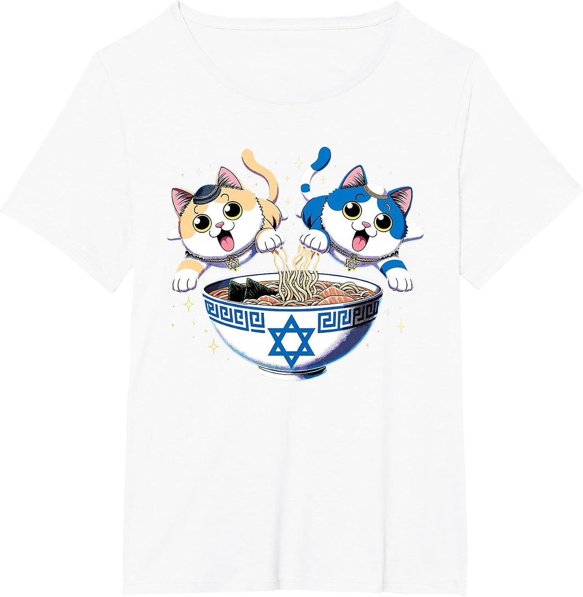 Jewish Cats Ramen Kitten Anime Hanukkah Pajamas Chanukah PJs T-Shirt - White