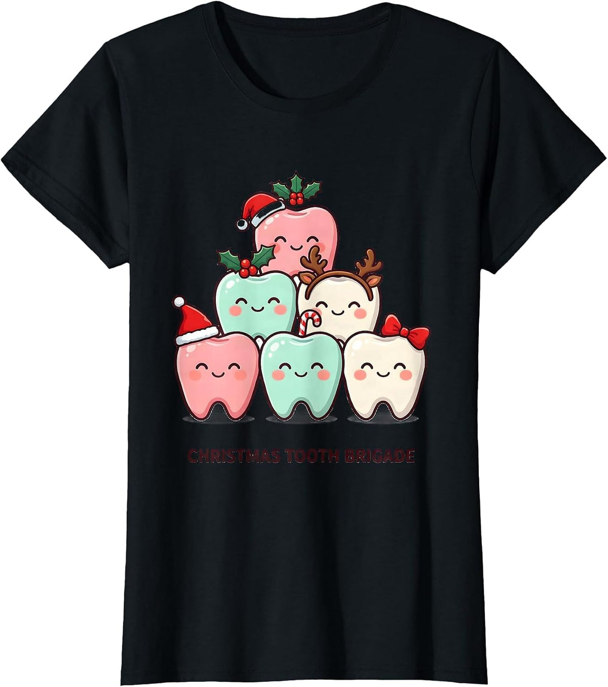 Women's Christmas Tooth Brigade Cute Kawaii Dental Team Christmas T-Shirt - Black