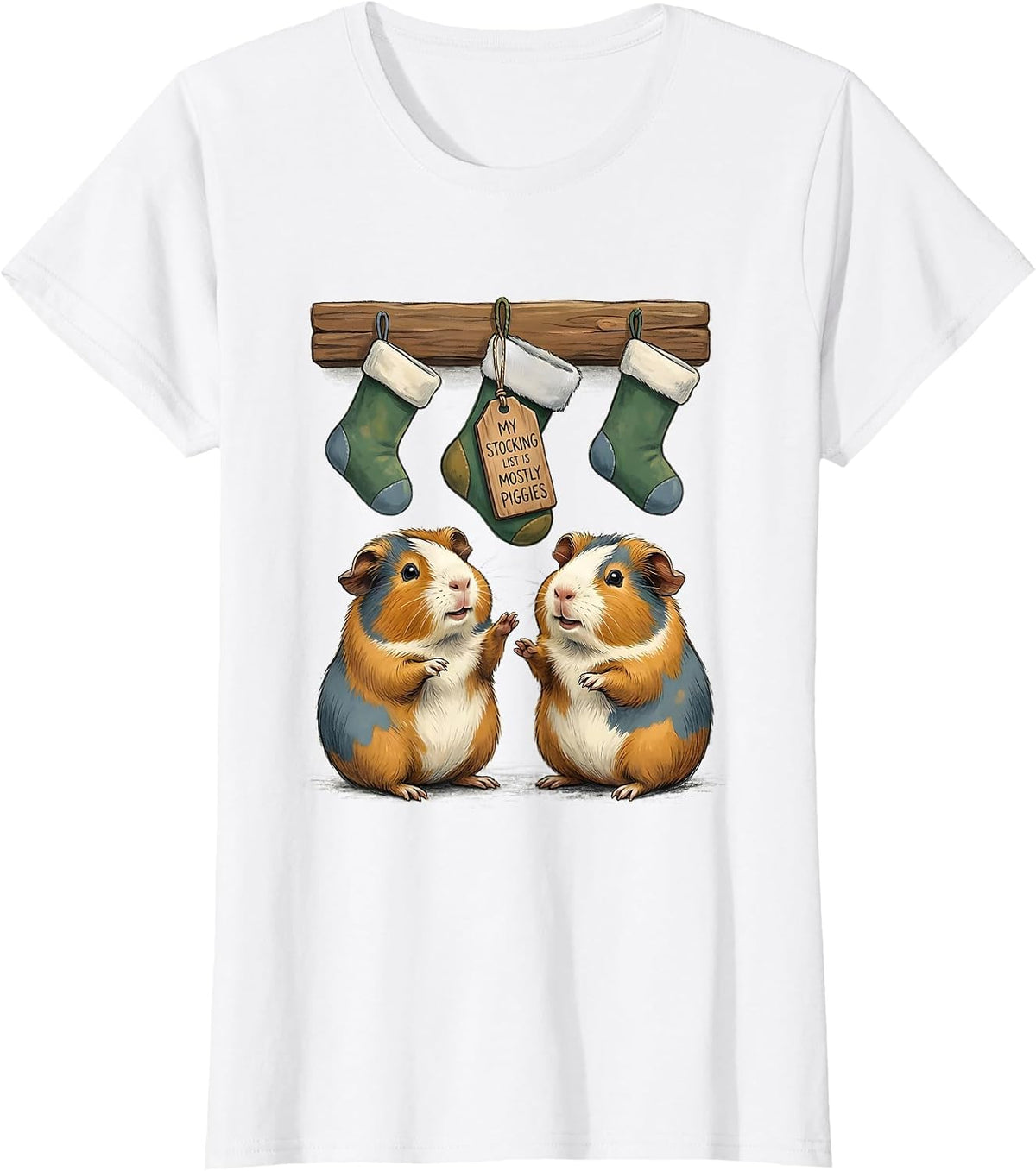 Women's My Stocking List Is Mostly Piggies Storybook Guinea Pig T-Shirt - White