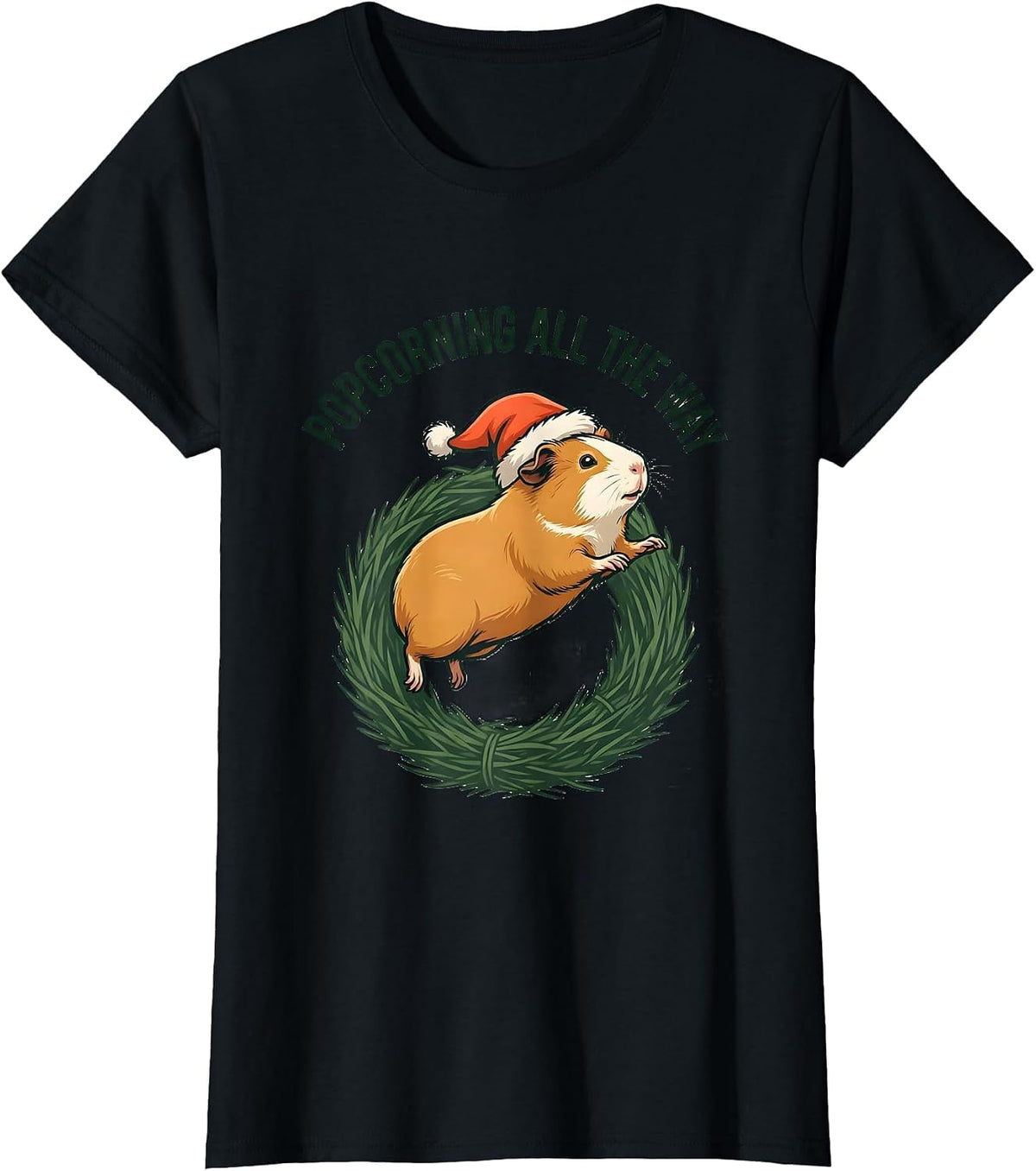 Women's Popcorning All The Way Funny Guinea Pig Christmas Santa Hat T-Shirt - Black