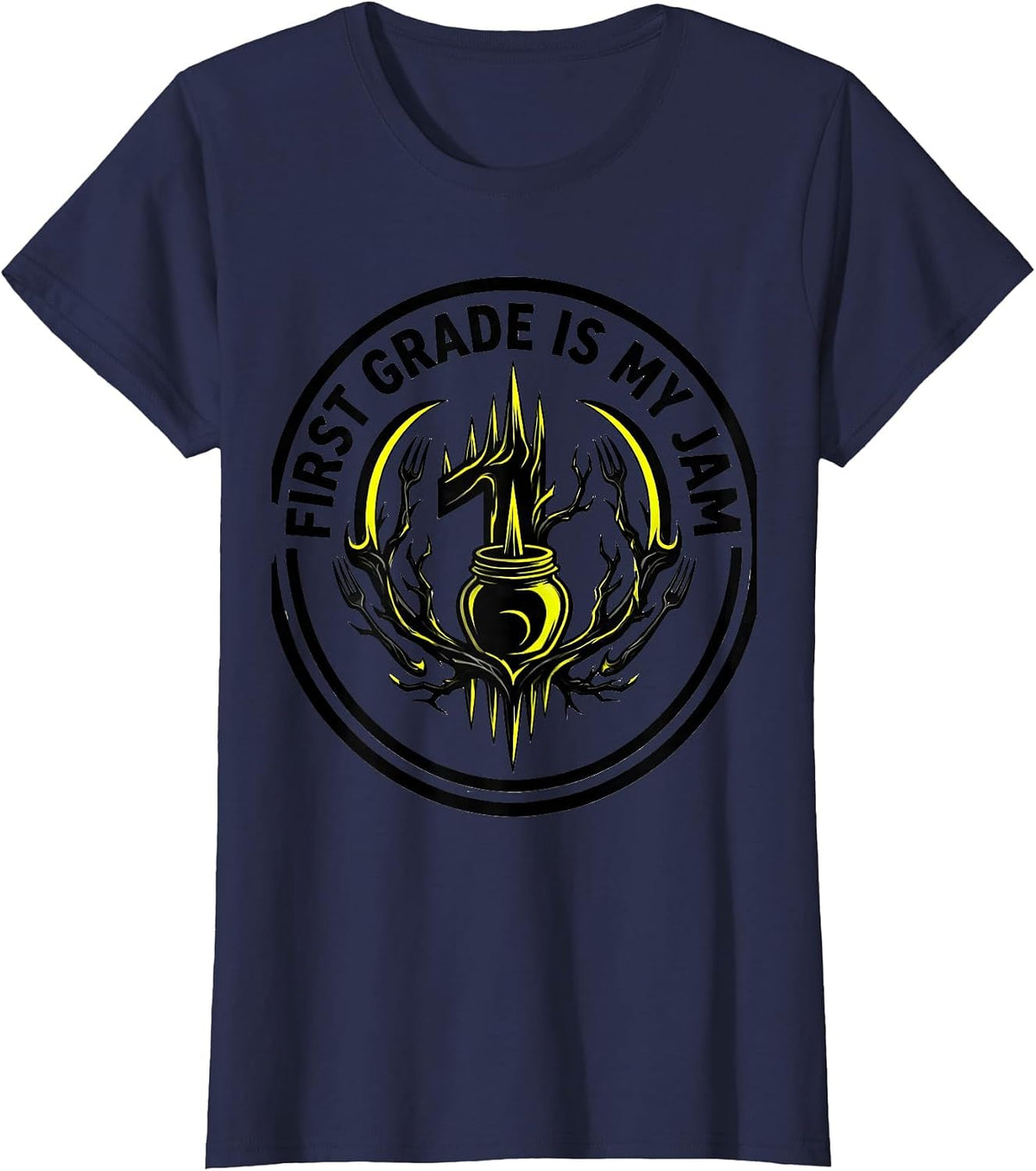 Women's First Grade Is My Jam Teacher Design T-Shirt - Navy Blue