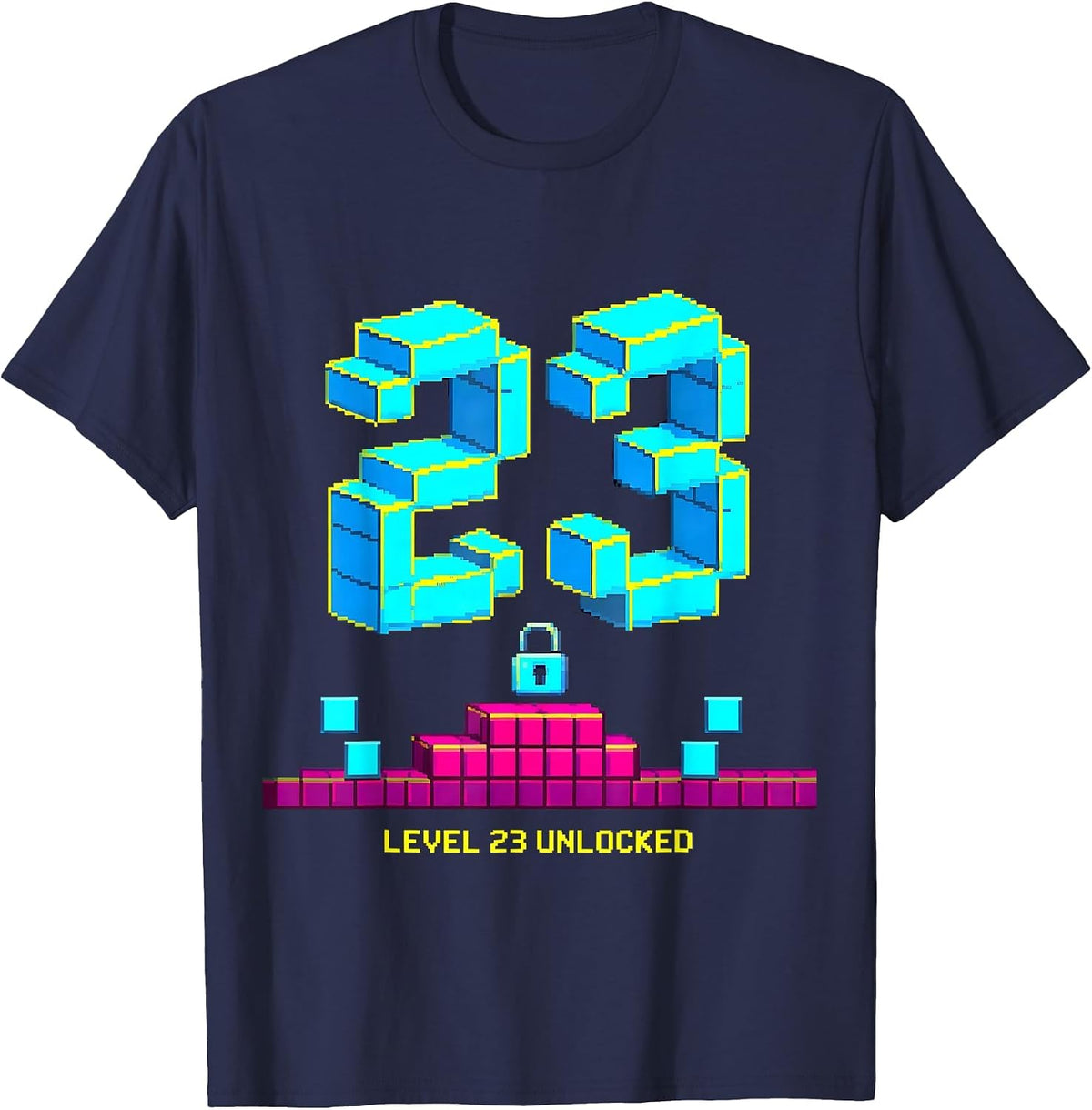Level 23 Unlocked Pixel Art Gamer Birthday Milestone T-Shirt - Navy Blue