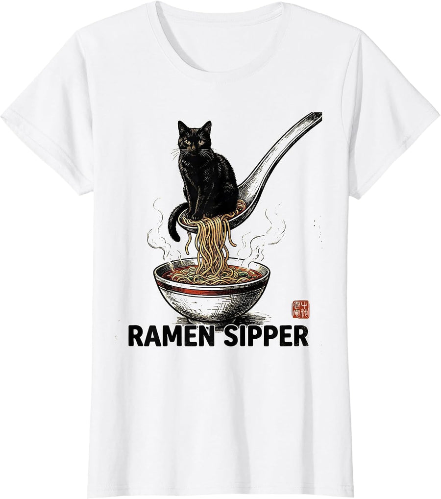 Women's Ramen Sipper Cute Cat Eating Noodles Kawaii Anime Gift T-Shirt - White