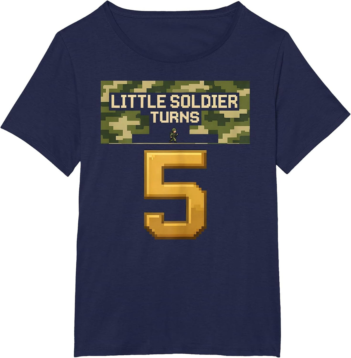 Women's Little Soldier Turns Five Pixel Art Military Kids Birthday T-Shirt - Navy Blue