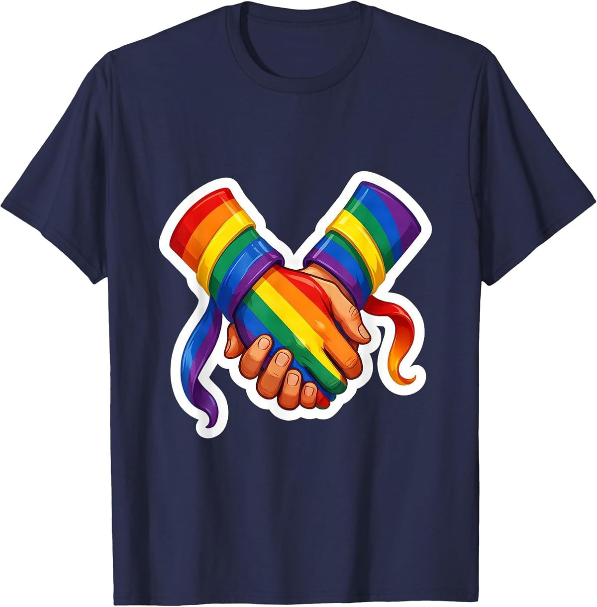 Pride Rainbow Ribbon Clasped Hands Illustration T-Shirt - Navy Blue
