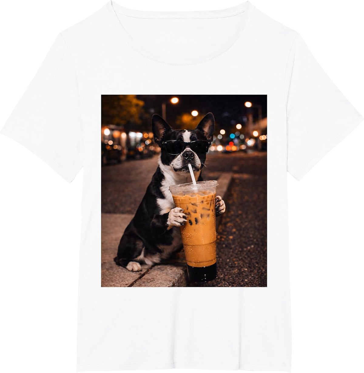 Boston Terrier Dog Iced Coffee Lover Humor Funny T-Shirt - White