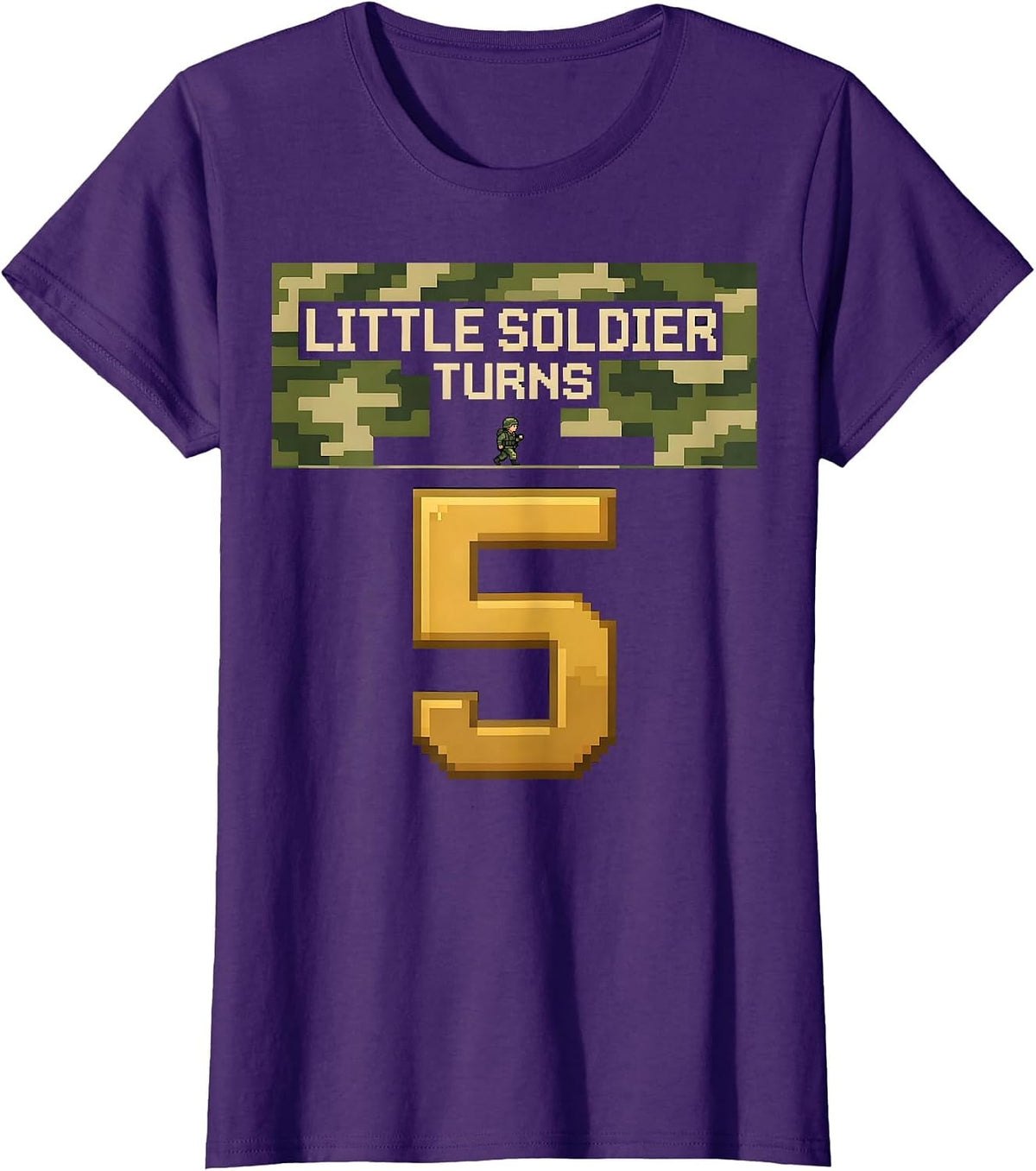 Women's Little Soldier Turns Five Pixel Art Military Kids Birthday T-Shirt - Purple