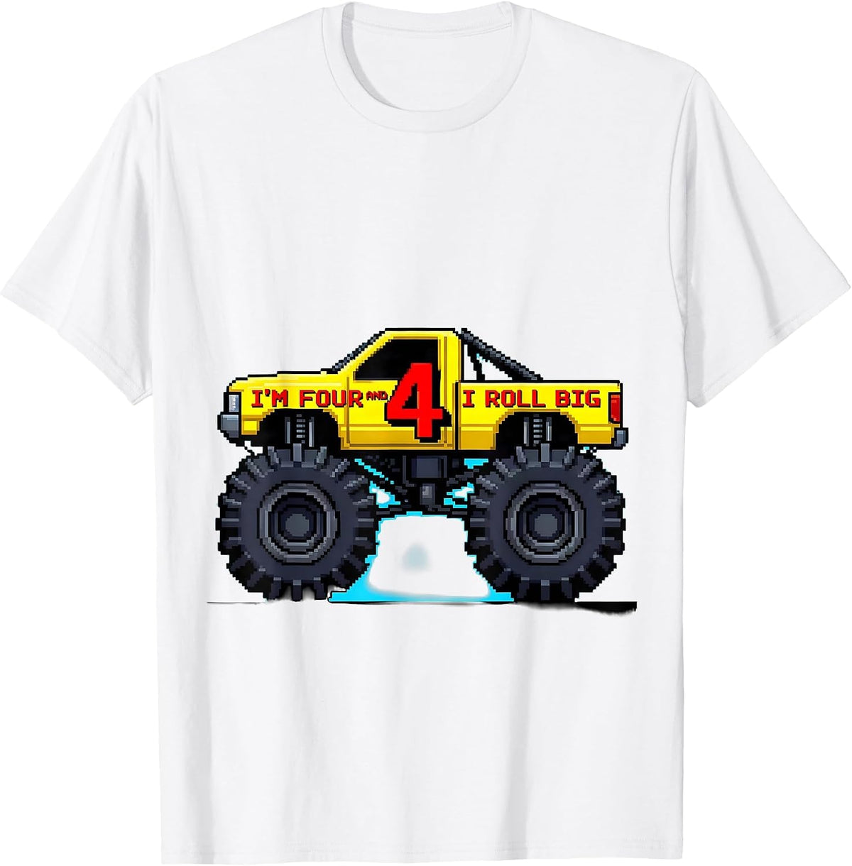 Men's I'm Four and I Roll Big Pixel Art Monster Truck Birthday Boy T-Shirt - White