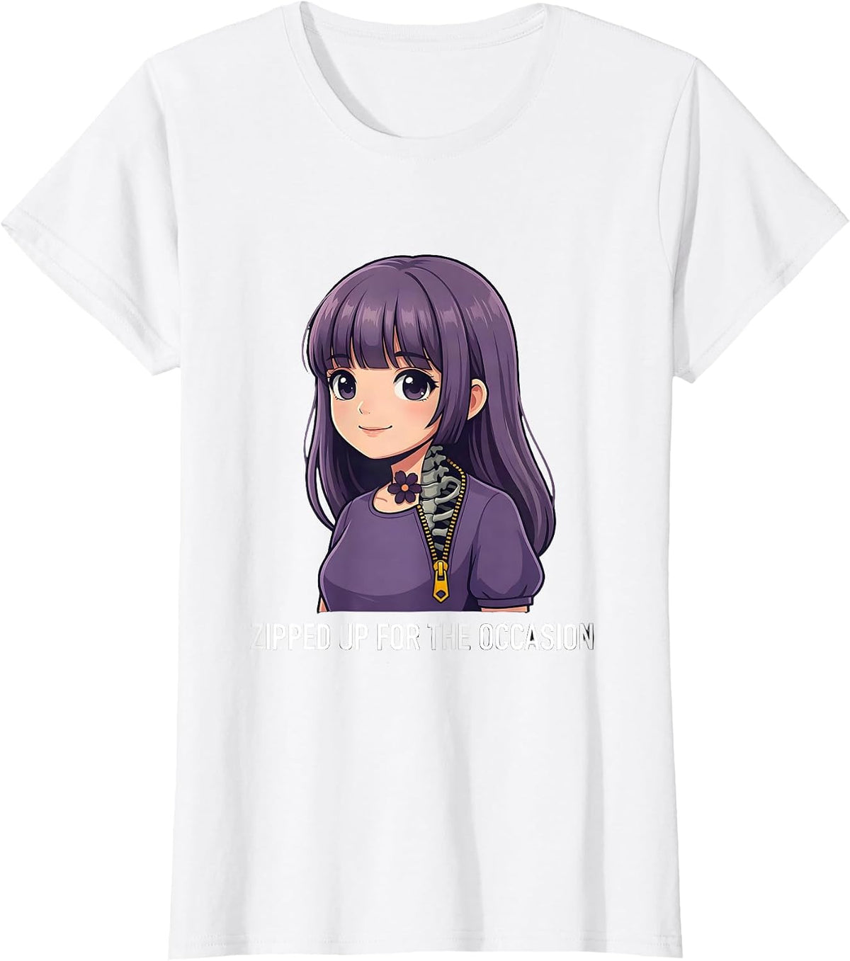 Women's Zipped Up For The Occasion Creepy Kawaii Goth Anime Horror T-Shirt - White