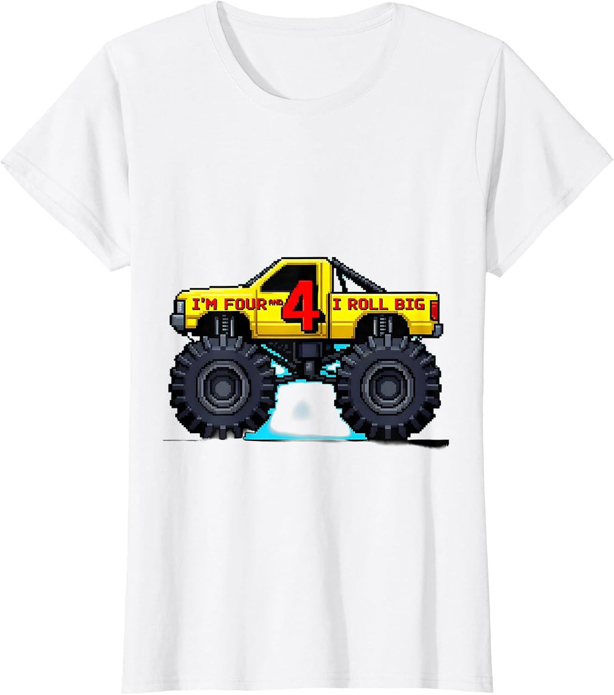Women's I'm Four and I Roll Big Pixel Art Monster Truck Birthday Boy T-Shirt - White
