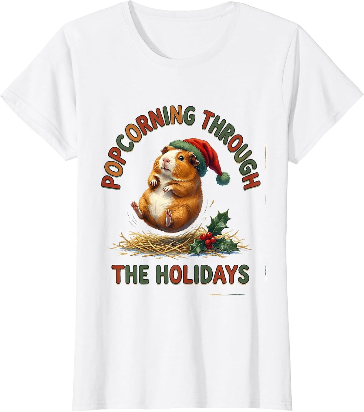 Women's Popcorning Through The Holidays Storybook Guinea Pig T-Shirt - White
