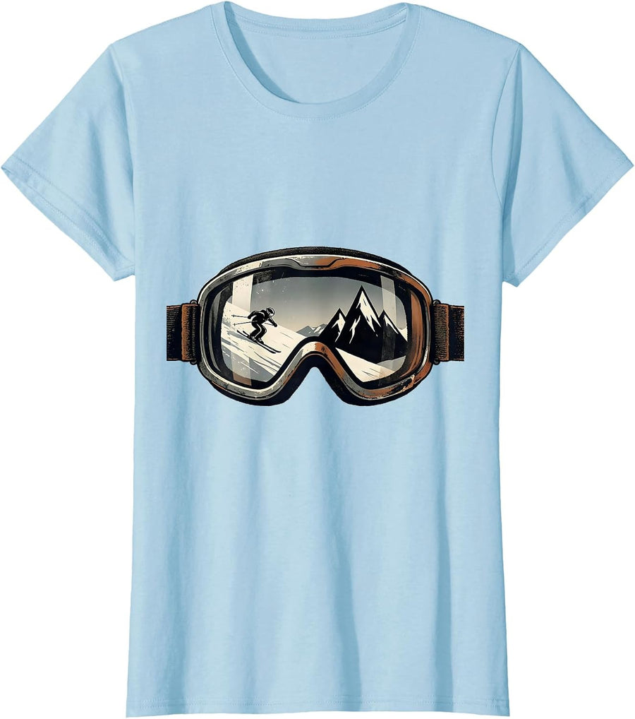 Women's Vintage Ski Goggle Double Black Diamond Ski Humor T-Shirt - Baby Blue