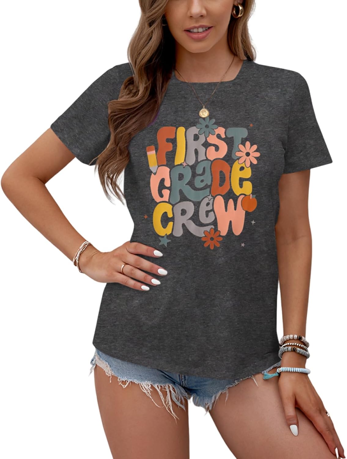 CM C&M WODRO First Day of School Shirt Women First Grade Crew Teacher T-Shirt Back to School Outfit Teacher Life Tee Tops -