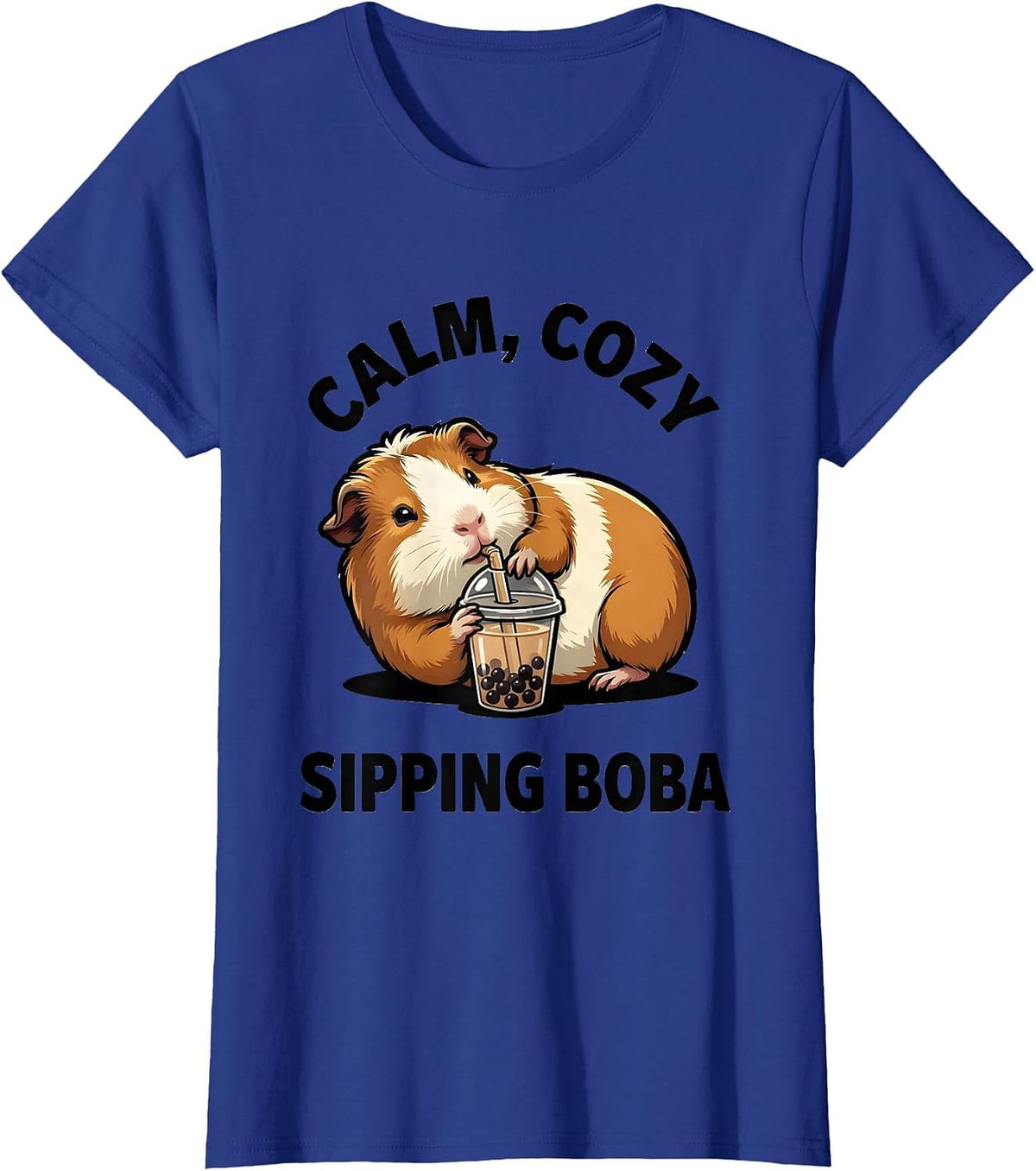 Women's Calm Cozy Sipping Boba Cute Kawaii Guinea Pig Anime Girl T-Shirt - Royal Blue