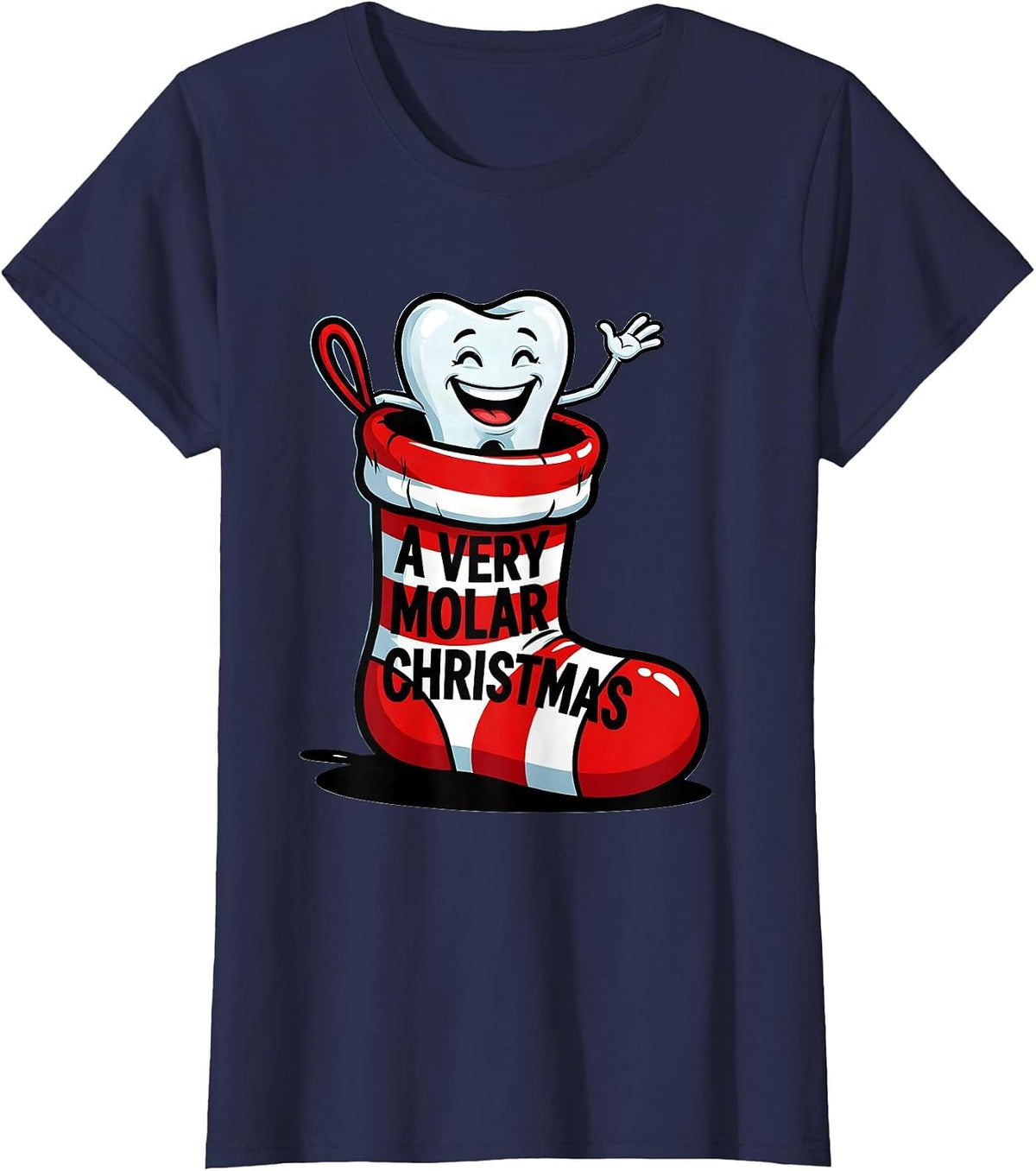 Women's A Very Molar Christmas Cartoon Dental Humor Dentist T-Shirt - Navy Blue