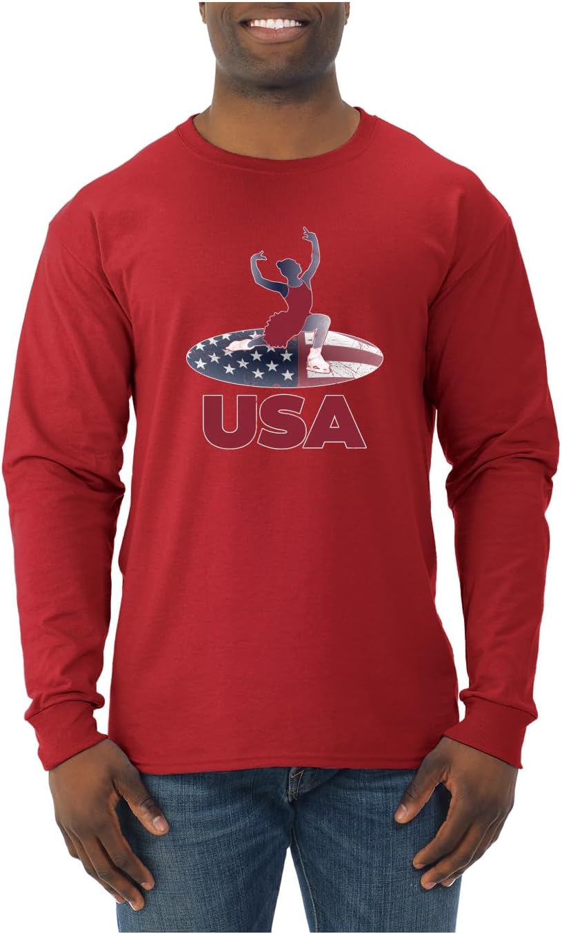 Wild Bobby USA Flag Mountainscape Sports Mens Long Sleeve Shirt - Red\/Usa Skater