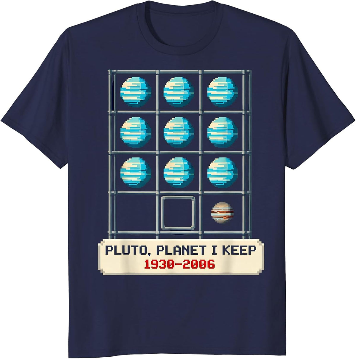 Men's PLUTO, PLANET I KEEP 1930–2006 Pixel Art Space Humor T-Shirt - Navy Blue