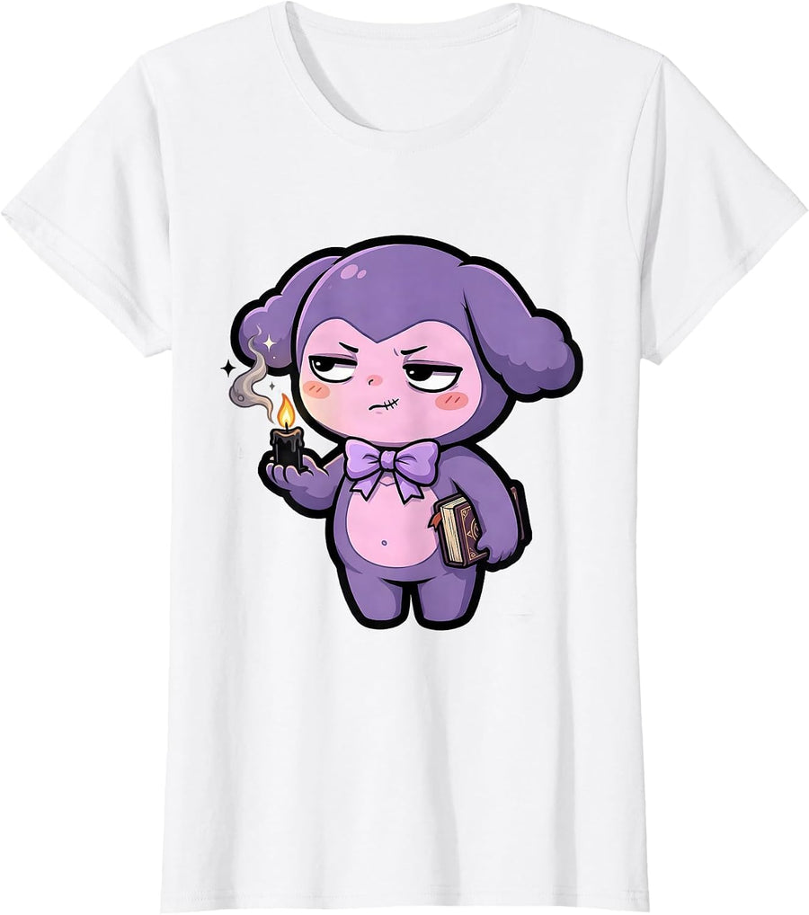 Women's Shrugging Cloud-Eared Plush Pastel Goth Kawaii Anime T-Shirt - White