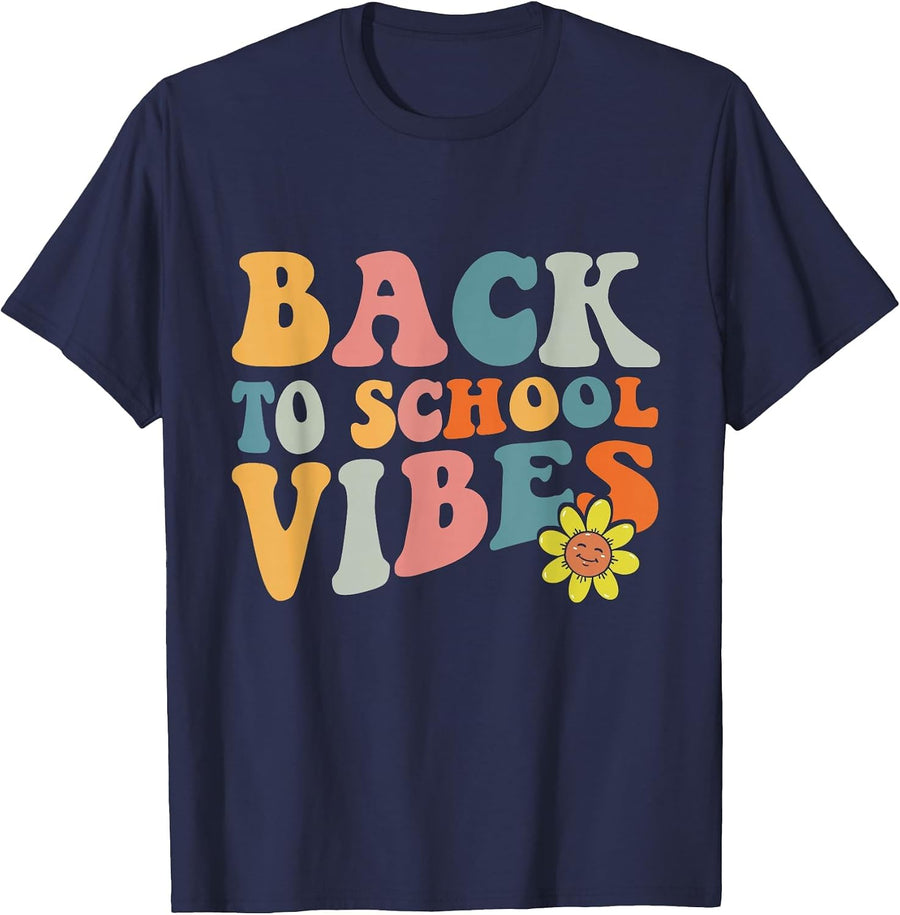 Back to School Vibes Retro Groovy Kids Students Teachers T-Shirt - Navy Blue