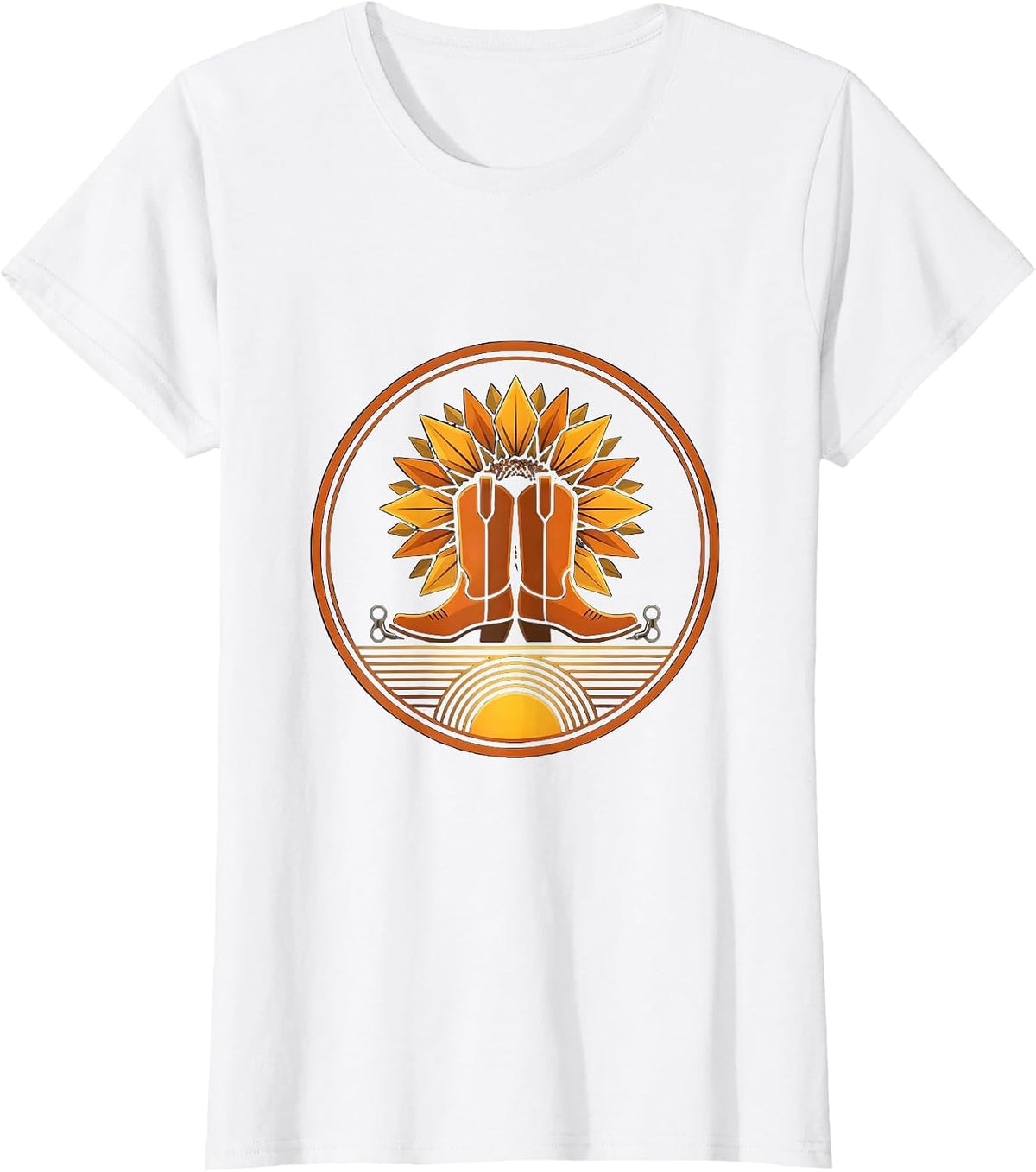 Cowboy Boots Sunflower and Spur Graphic Design T-Shirt - White