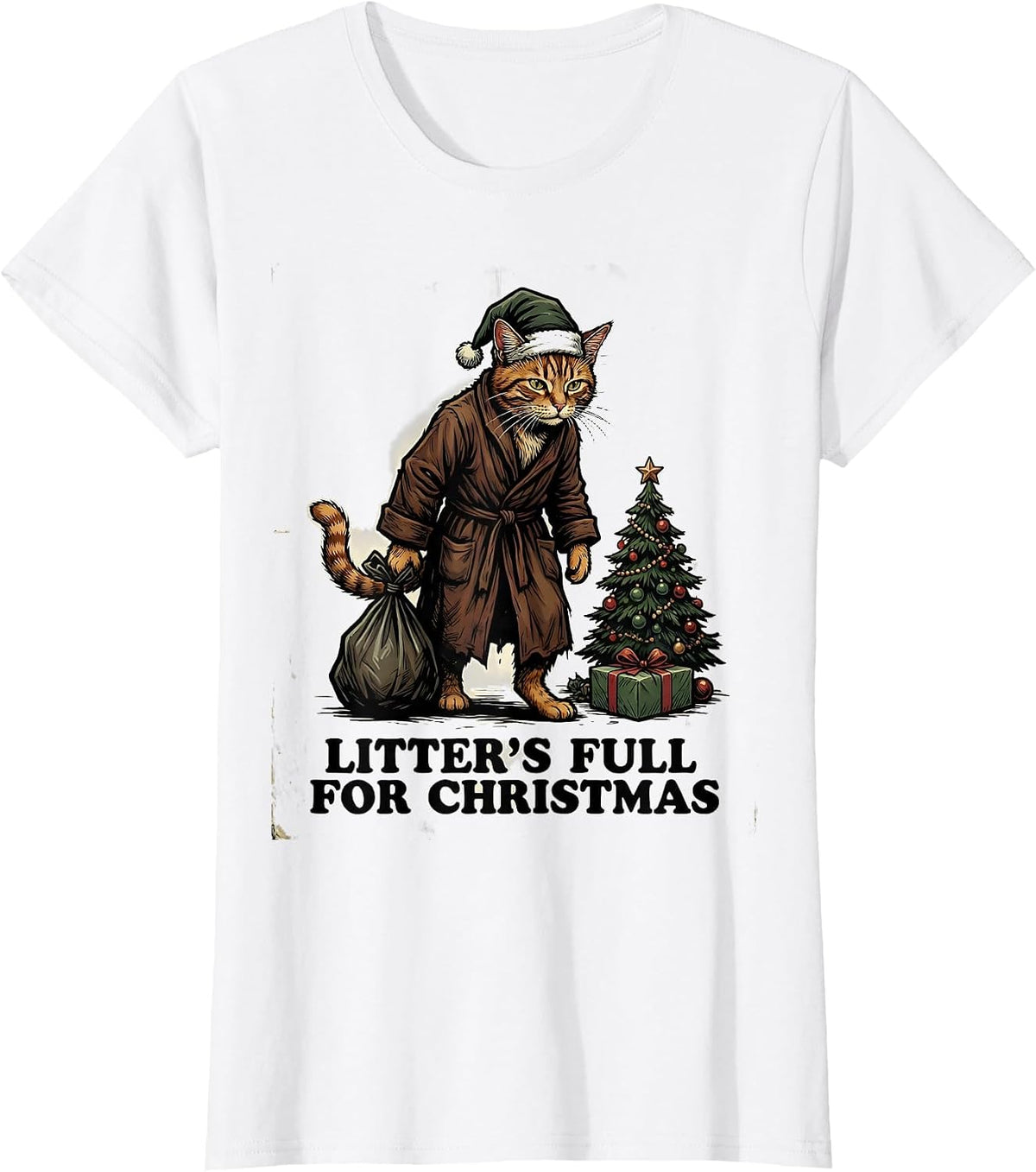 Litter's Full For Christmas Funny Cat Lover Vintage T-Shirt - White