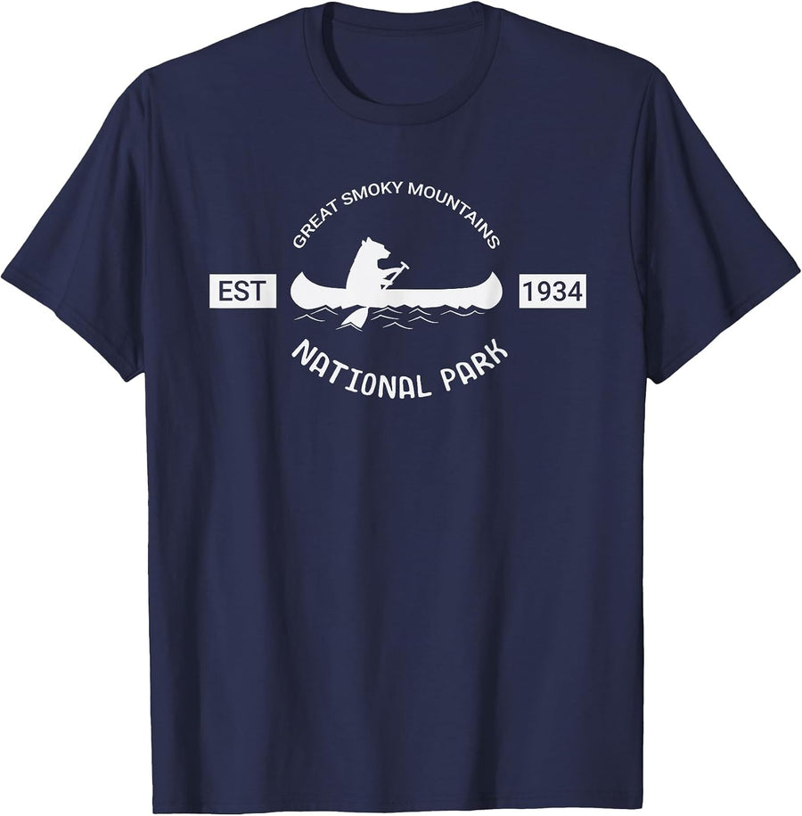 Tennessee Great Smoky Mountains National Park Bear Canoe T-Shirt - Navy Blue