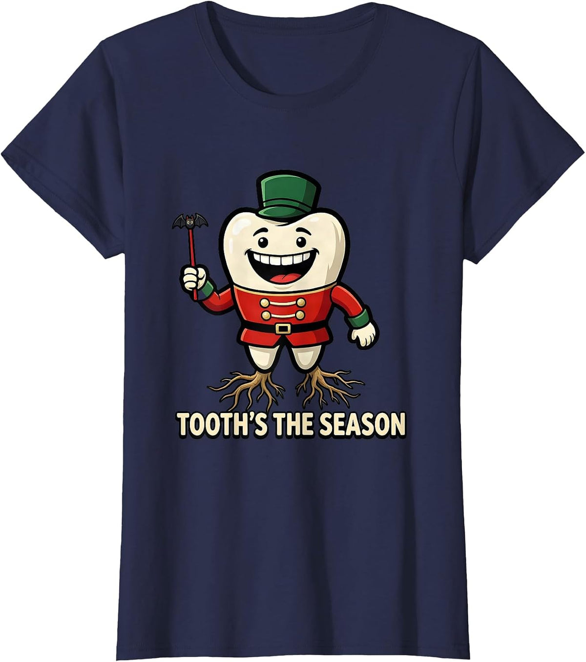Women's Tooth's the Season Funny Cartoon Dentist Christmas Dental T-Shirt - Navy Blue