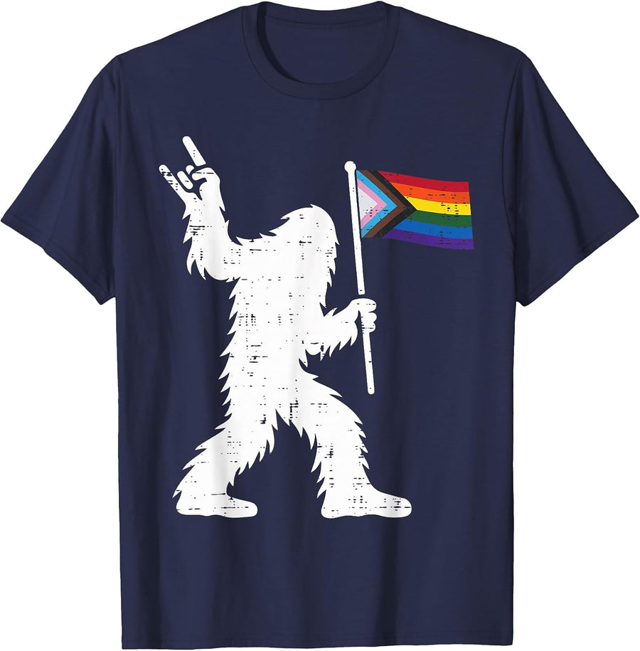 Gay Pride Month Bigfoot Sasquatch LGBTQ Ally Rainbow Flag T-Shirt - Navy Blue